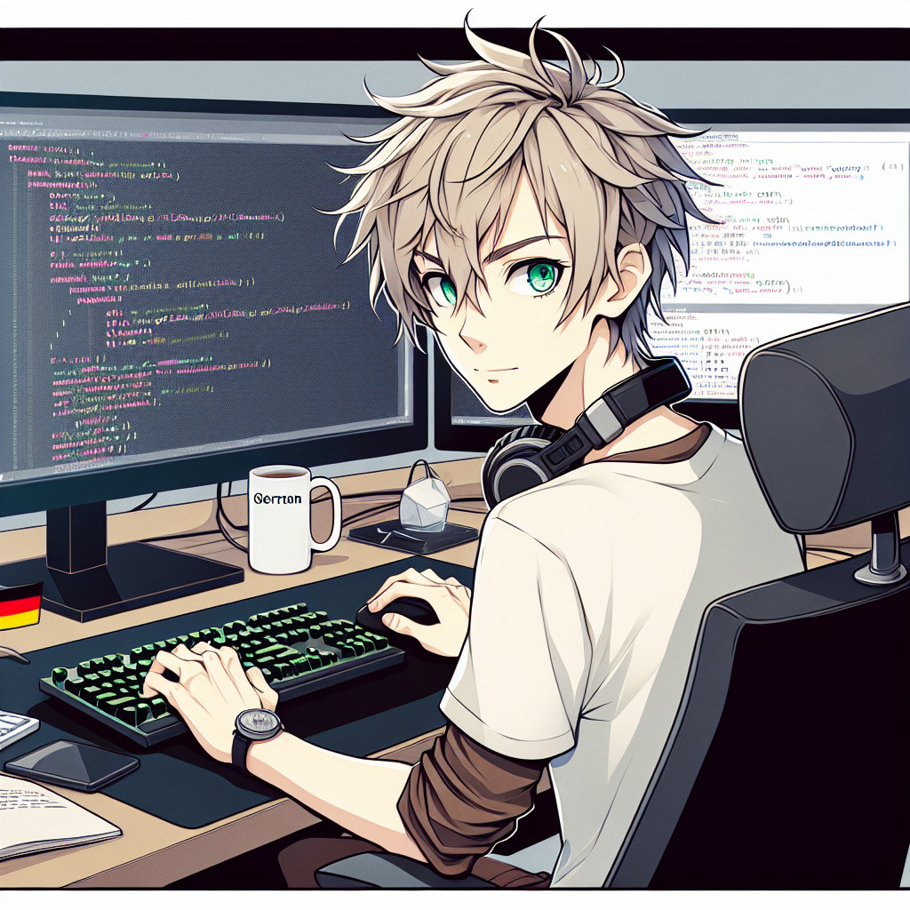 imagine in anime seraph of the end like look showing an anime boy with messy blond hair and green eyes working in deutscher webentwickler