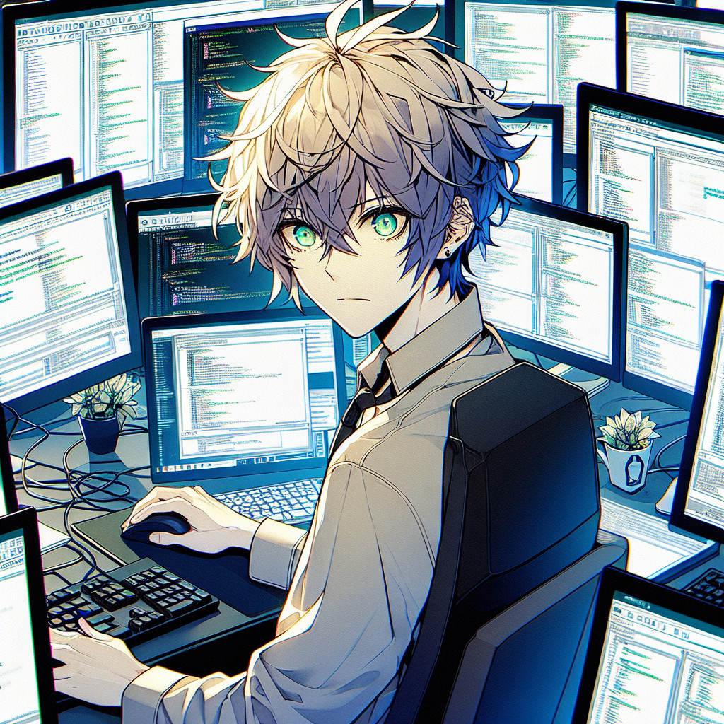 imagine in anime seraph of the end like look showing an anime boy with messy blond hair and green eyes working in e commerce entwicklung
