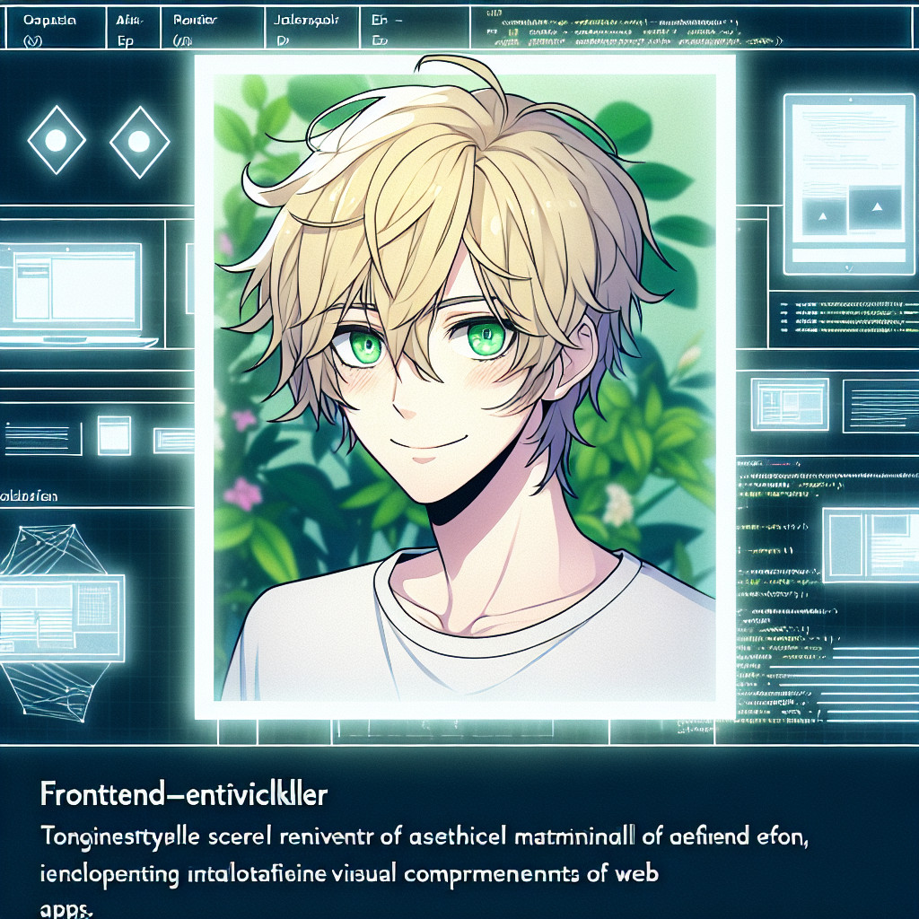 imagine in anime seraph of the end like look showing an anime boy with messy blond hair and green eyes working in frontend entwickler