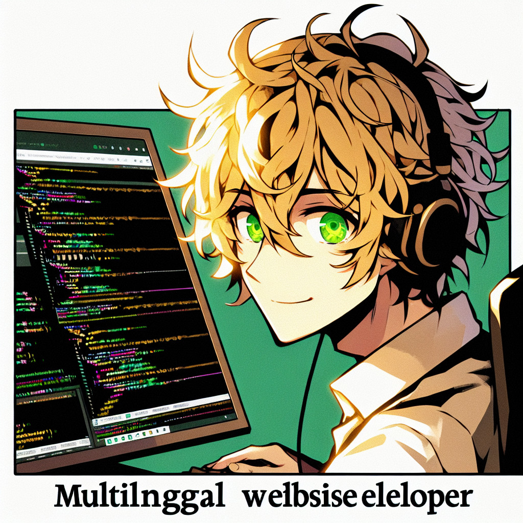imagine in anime seraph of the end like look showing an anime boy with messy blond hair and green eyes working in mehrsprachiger website entwickler