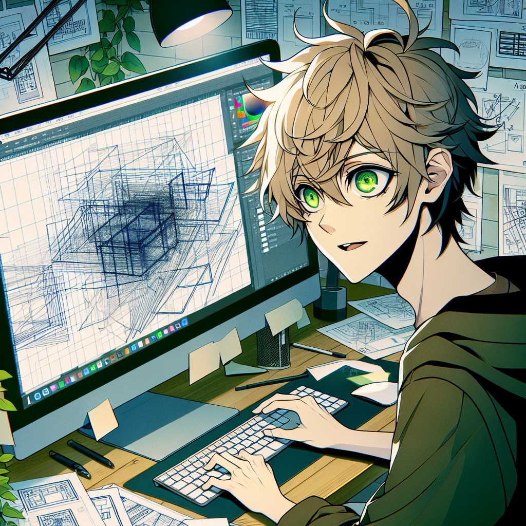 imagine in anime seraph of the end like look showing an anime boy with messy blond hair and green eyes working in ui design