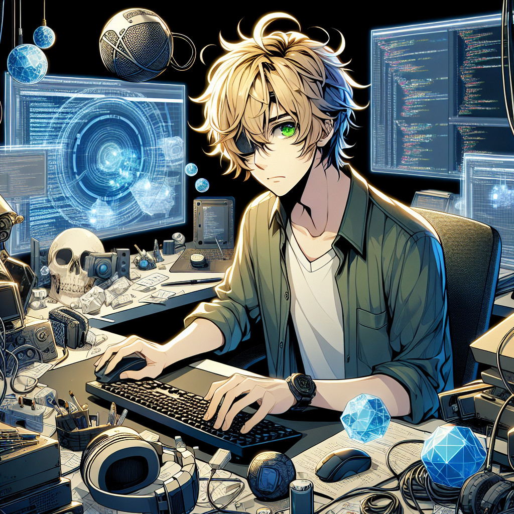 imagine in anime seraph of the end like look showing an anime boy with messy blond hair and green eyes working in vr entwickler