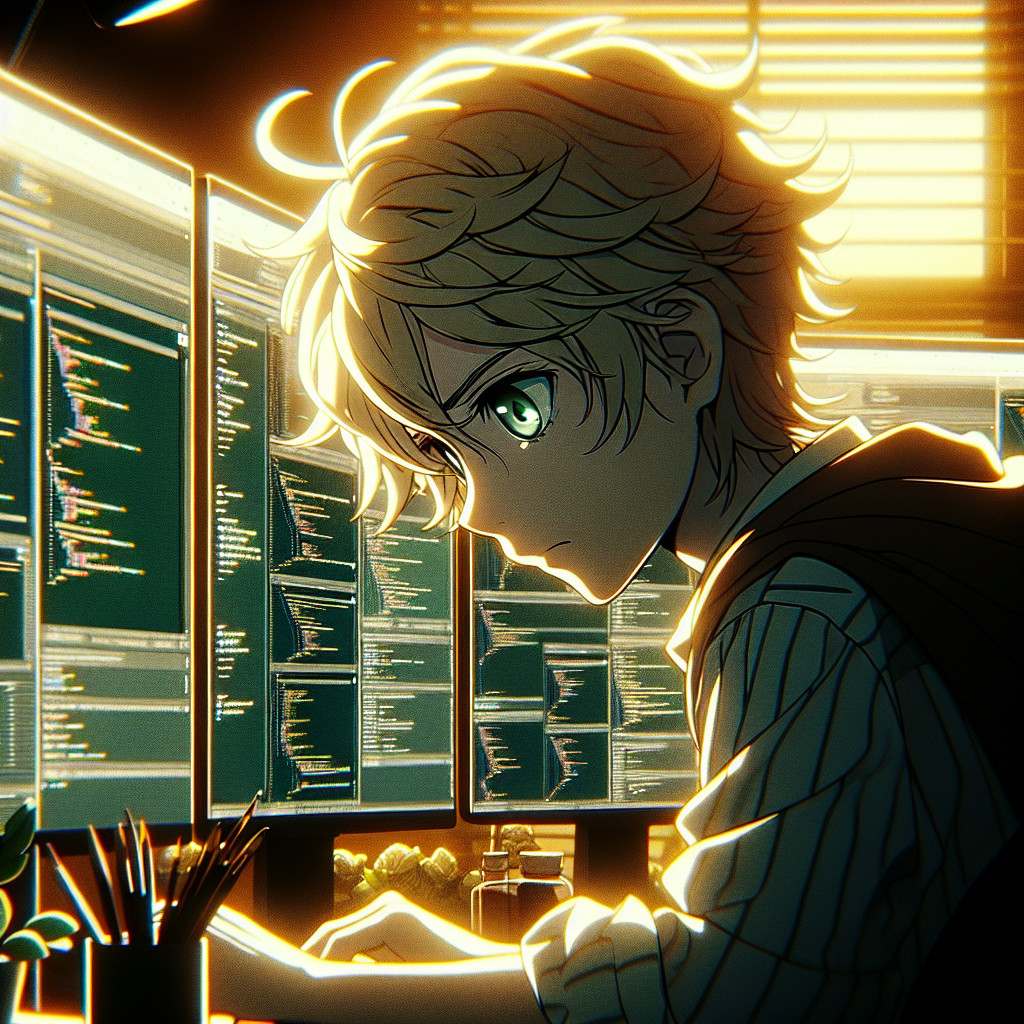 imagine in anime seraph of the end like look showing an anime boy with messy blond hair and green eyes working in website entwickler