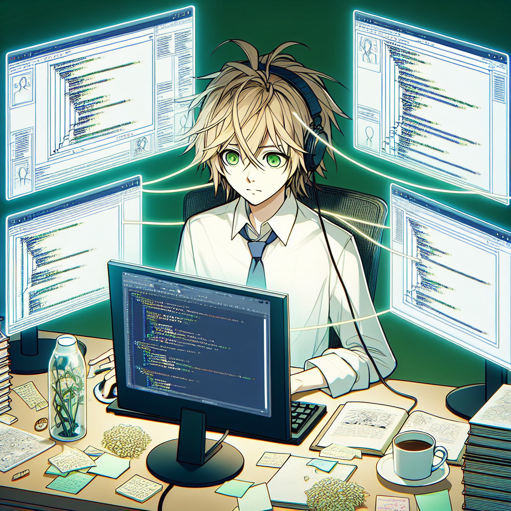 imagine in anime seraph of the end like look showing an anime boy with messy blond hair and green eyes working in website fuer anwaelte