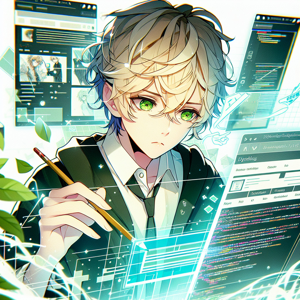 imagine in anime seraph of the end like look showing an anime boy with messy blond hair and green eyes working in website fuer kuenstler