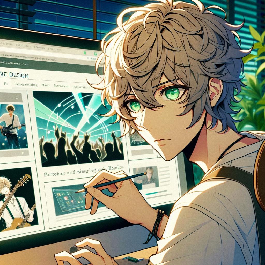 imagine in anime seraph of the end like look showing an anime boy with messy blond hair and green eyes working in website fuer saenger und bands
