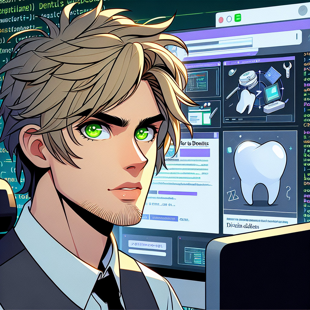 imagine in anime seraph of the end like look showing an anime boy with messy blond hair and green eyes working in website fuer zahnaerzte