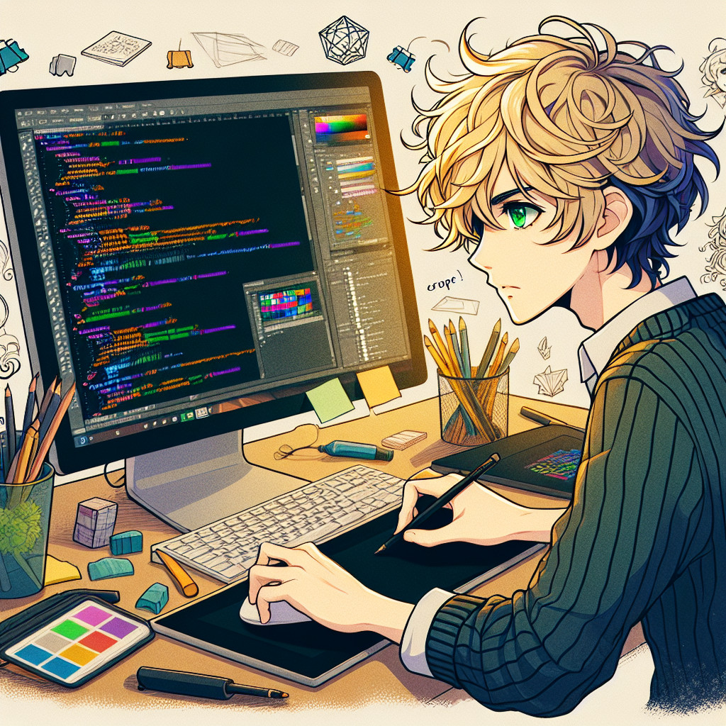 imagine in anime seraph of the end like look showing an anime boy with messy blond hair and green eyes working in website grafikdesign