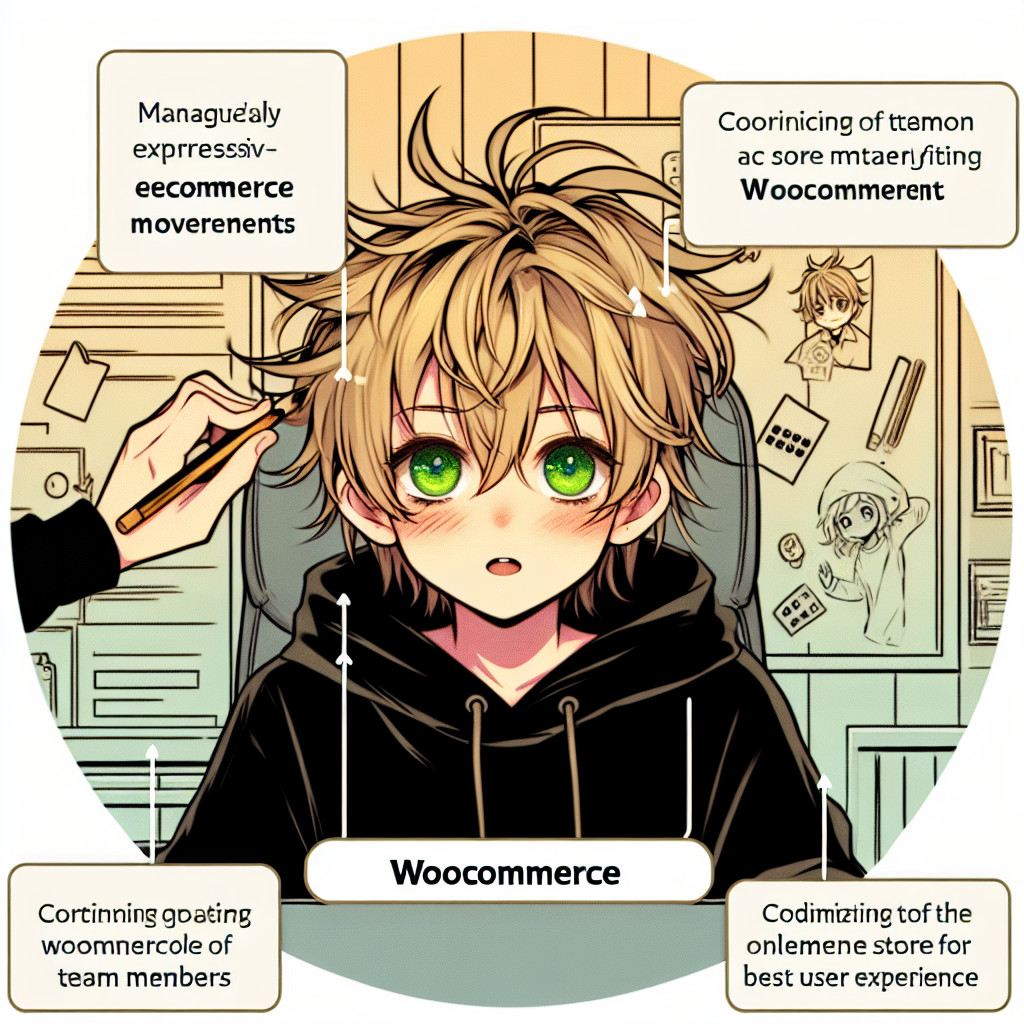 imagine in anime seraph of the end like look showing an anime boy with messy blond hair and green eyes working in woocommerce manager